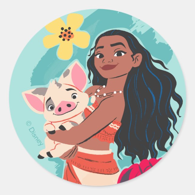 Moana Holding Pua Illustrated Graphic Classic Round Sticker (Front)