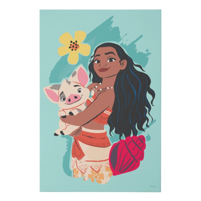 Moana Holding Pua Illustrated Graphic Faux Canvas Print (Front)
