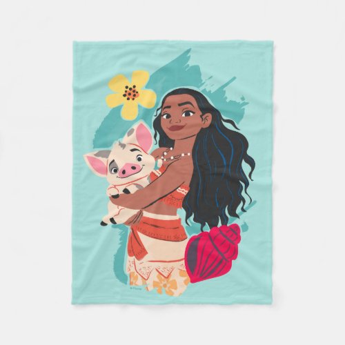 Moana Holding Pua Illustrated Graphic Fleece Blanket