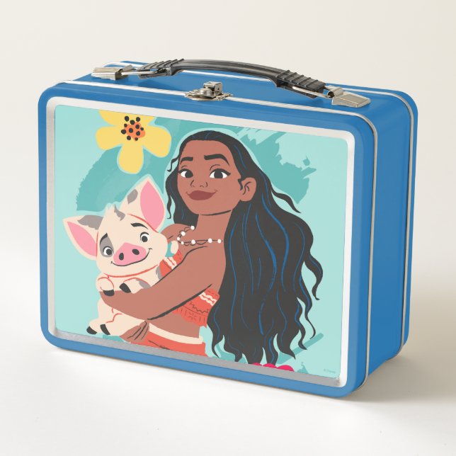 Moana Holding Pua Illustrated Graphic Metal Lunch Box (Front)