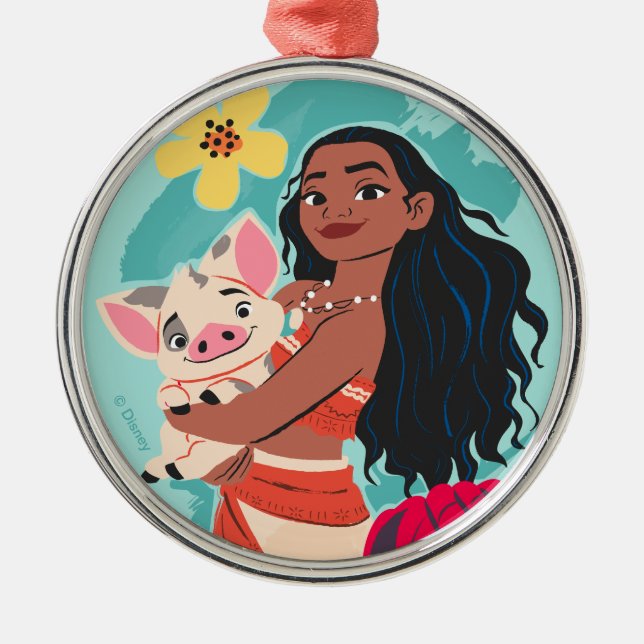 Moana Holding Pua Illustrated Graphic Metal Ornament (Front)