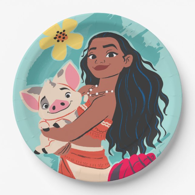 Moana Holding Pua Illustrated Graphic Paper Plates (Front)