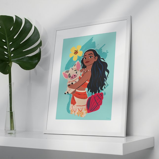 Moana Holding Pua Illustrated Graphic Poster (Poster in frame on shelf)