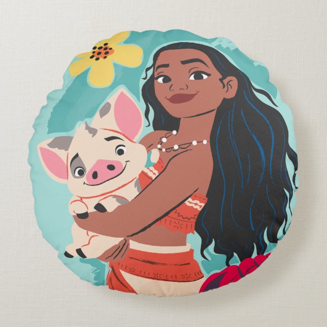 Moana Holding Pua Illustrated Graphic Round Pillow (Front)