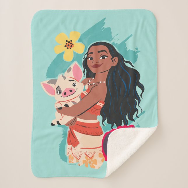 Moana Holding Pua Illustrated Graphic Sherpa Blanket (Front)