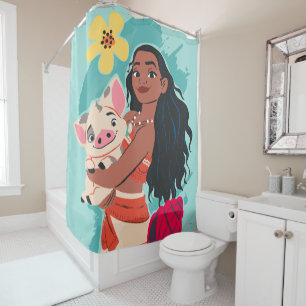 Moana Holding Pua Illustrated Graphic Shower Curtain