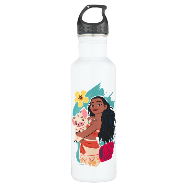 Moana Holding Pua Illustrated Graphic Stainless Steel Water Bottle (Front)