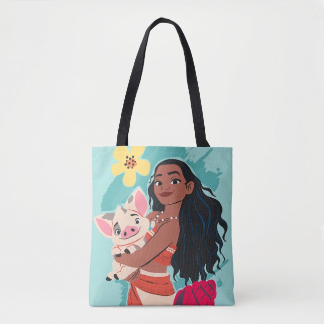 Moana Holding Pua Illustrated Graphic Tote Bag (Front)