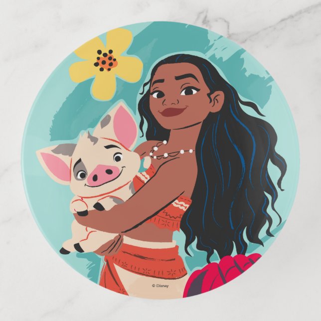 Moana Holding Pua Illustrated Graphic Trinket Tray (Front)