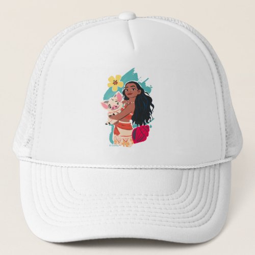 Moana Holding Pua Illustrated Graphic Trucker Hat