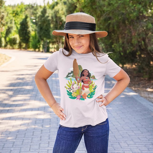Moana, Pua, Hei Hei Floral Badge T-Shirt (Kid wearing shirt)