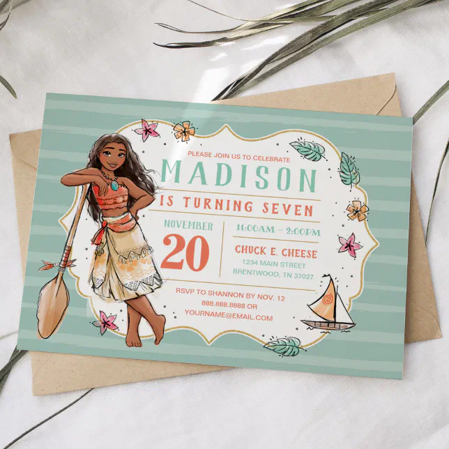 Moana | Striped Watercolor Birthday Invitation
