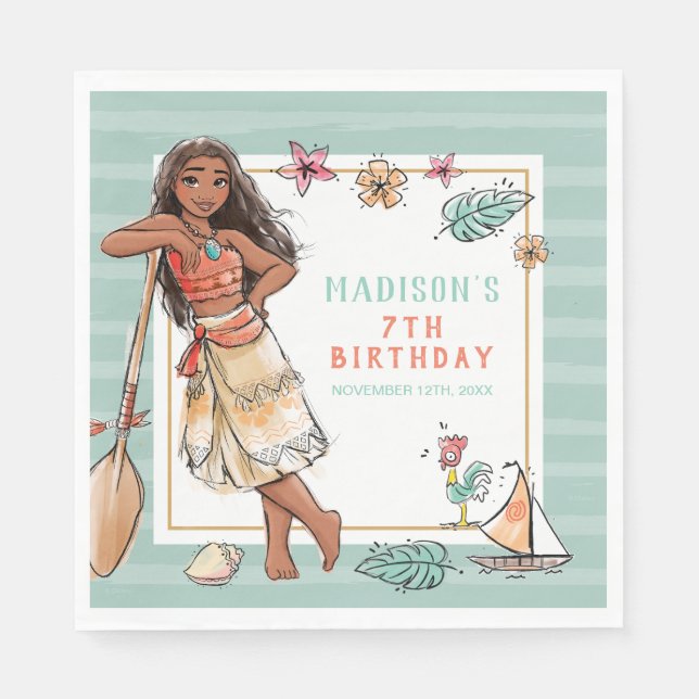 Moana | Striped Watercolor Birthday Napkins (Front)