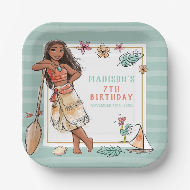 Moana | Striped Watercolor Birthday Paper Plates (Front)