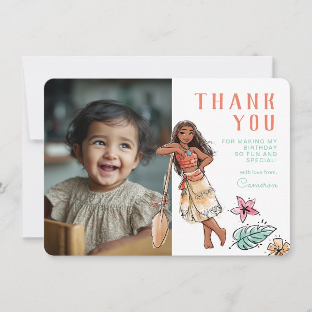 Moana | Striped Watercolor Birthday Thank You Card (Front)