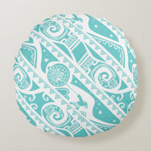 Moana Teal Tribal Pattern Round Pillow