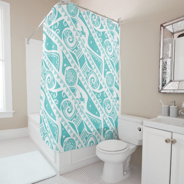 Moana | Teal Tribal Pattern Shower Curtain (In Situ)