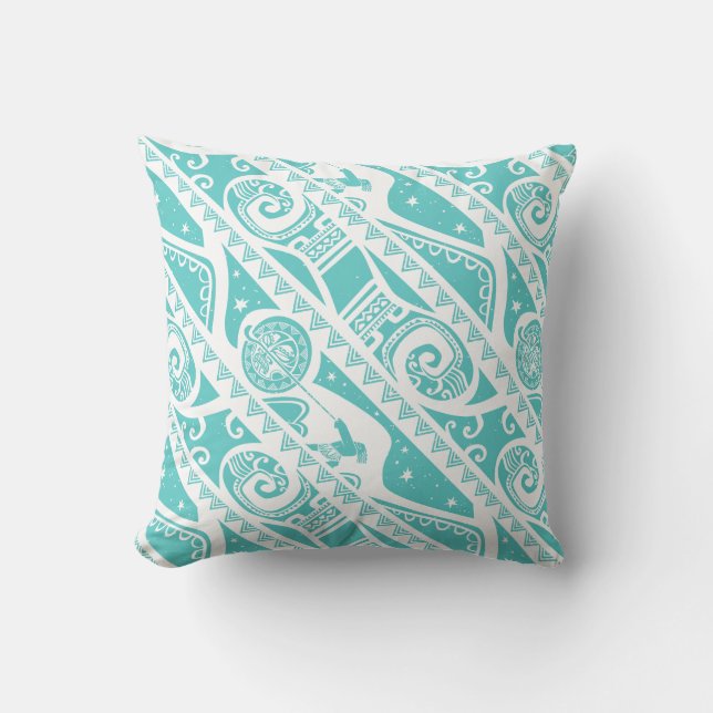 Moana | Teal Tribal Pattern Throw Pillow (Front)