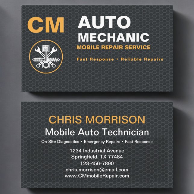 Mobile Auto Mechanic Modern Monogram Business Card (Creator Uploaded)