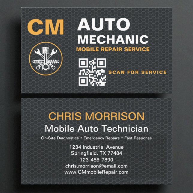 Mobile Auto Mechanic QR Code Monogram Business Card (Creator Uploaded)
