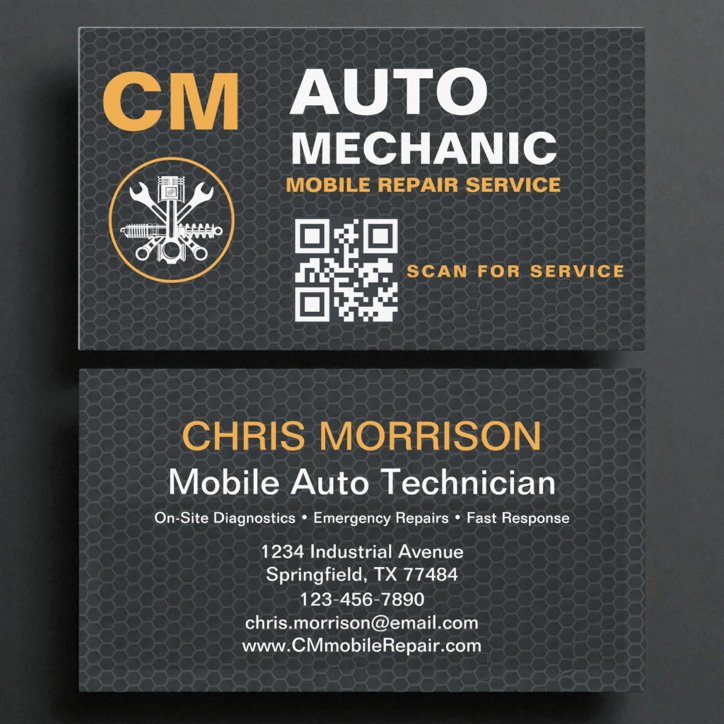 Mobile Auto Mechanic QR Code Monogram Business Card