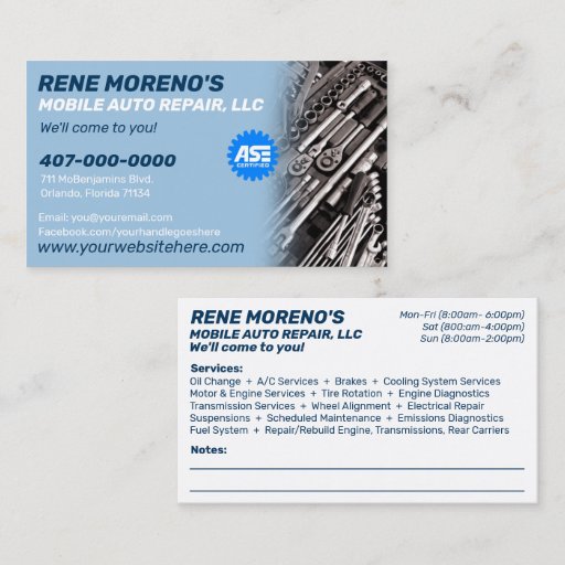 Customizable Mobile Automobile Car Repair Mechanic 2 Sided Busi Business Card