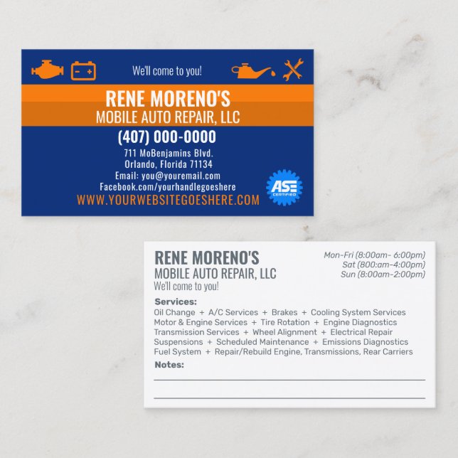 Mobile Automobile Car Repair Mechanic 2 Sided Busi Business Card (Front/Back)