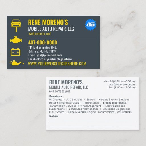 Customizable Mobile Automobile Car Repair Mechanic 2 Sided Busi Business Card