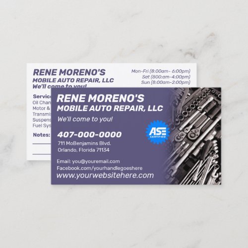 Mobile Automobile Car Repair Mechanic 2 Sided Busi Business Card