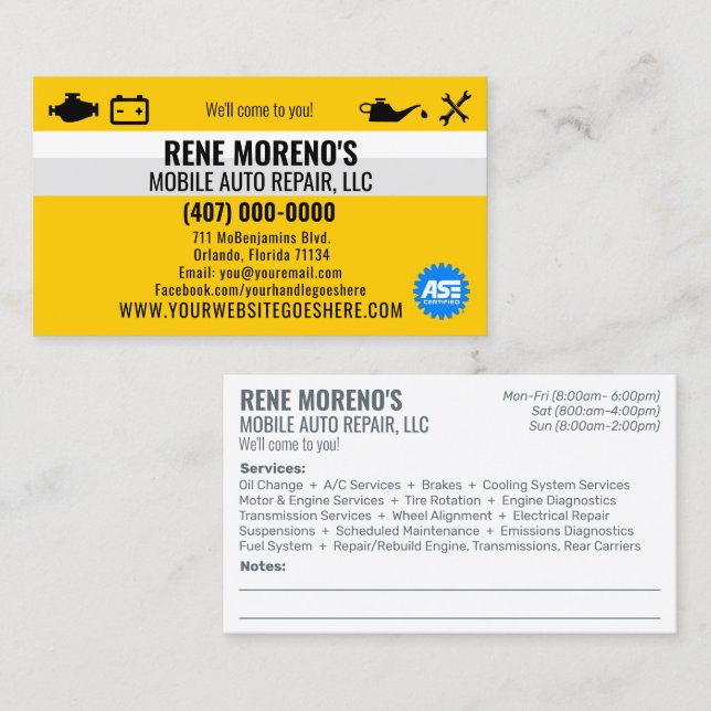 Mobile Automobile Car Repair Mechanic 2 Sided Busi Business Card (Front/Back)