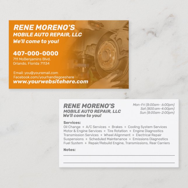 Mobile Automobile Car Repair Mechanic 2 Sided Busi Business Card (Front/Back)