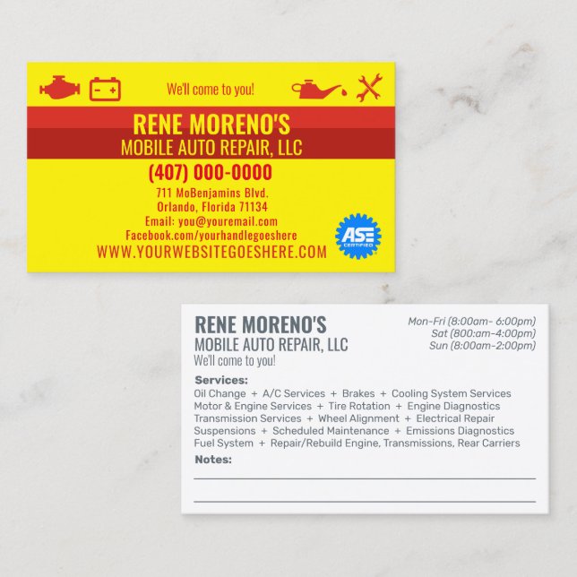 Mobile Automobile Car Repair Mechanic 2 Sided Busi Business Card (Front/Back)