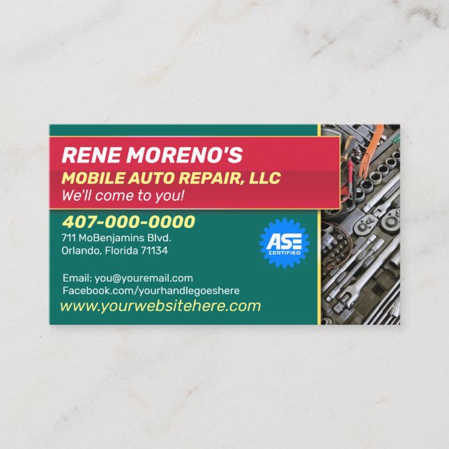 Mobile Automobile Car Repair Mechanic 2 Sided Business Card (Front)