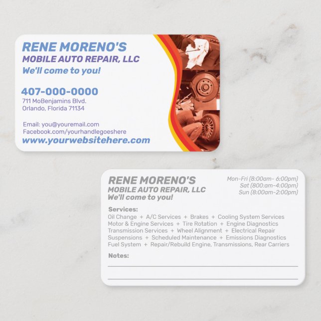 Mobile Automobile Car Repair Mechanic 2 Sided Business Card (Front/Back)