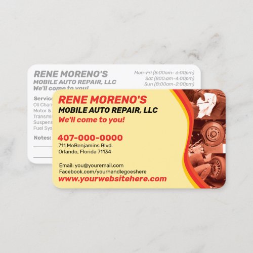 Mobile Automobile Car Repair Mechanic 2 Sided Business Card