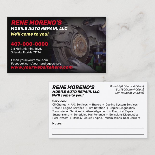 Mobile Automobile Car Repair Mechanic 2 Sided Business Card (Front/Back)