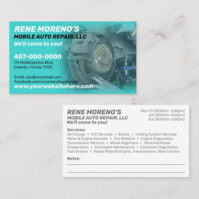 Mobile Automobile Car Repair Mechanic 2 Sided Business Card (Front/Back)
