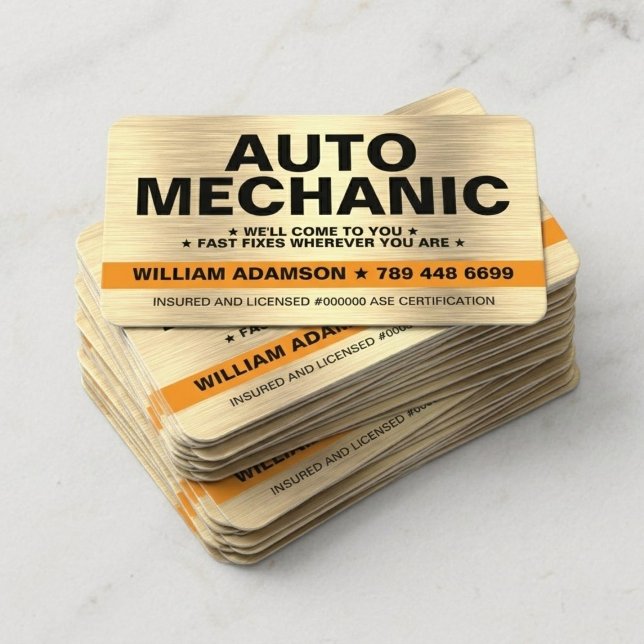 MOBILE CAR / AUTO MECHANIC REPAIR SERVICE BUSINESS CARD (golden Auto Mechanic Car Handyman Steel Plate Maintenance Repair Service)