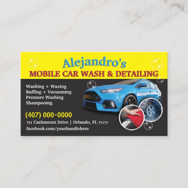 Mobile Car Wash & Detailing - Pressure Washing Tem Business Card (Front)