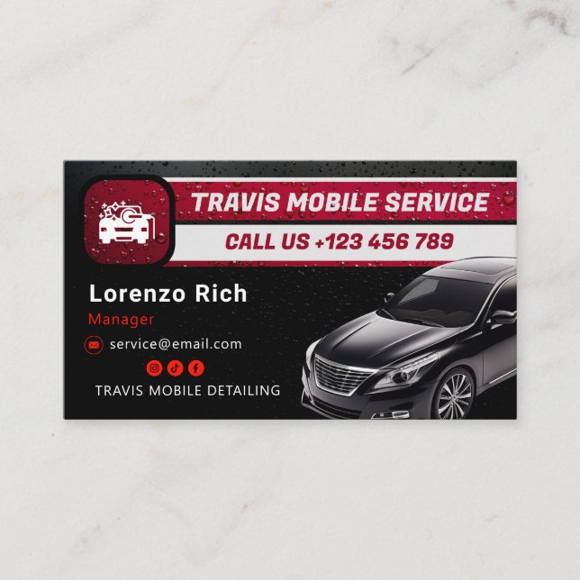 Mobile Detailing Business | Modern Black Red Business Card (Front)