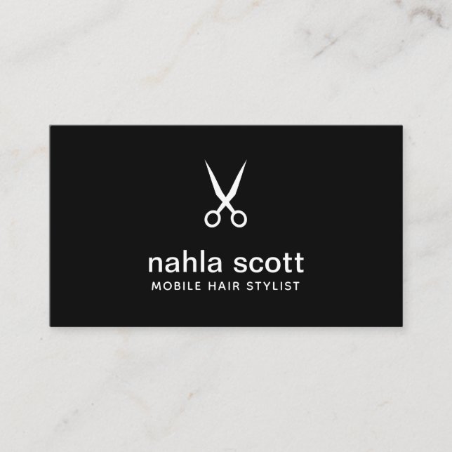 Mobile Hair Stylist Modern Black Scissors Business Card (Front)