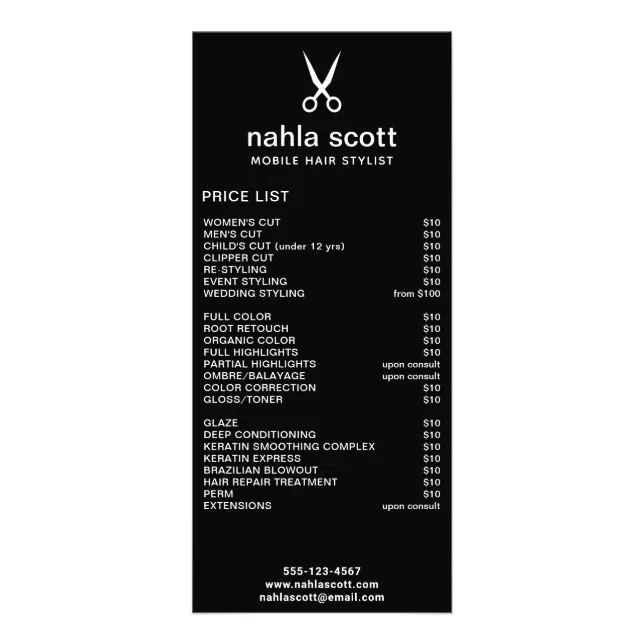 Mobile Hair Stylist Scissors Black Price List Rack Card Zazzle