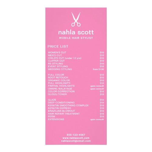 Mobile Hair Stylist Scissors Dark Pink Price List Rack Card