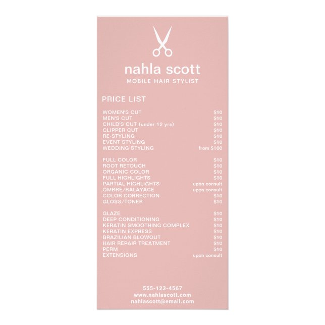 Mobile Hair Stylist Scissors Dusty Pink Price List Rack Card (Front)