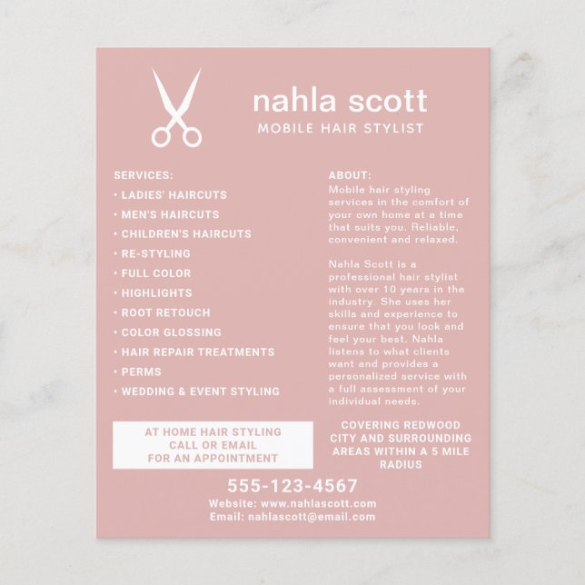 Mobile Hair Stylist Scissors Modern Dusty Pink Flyer (Front)