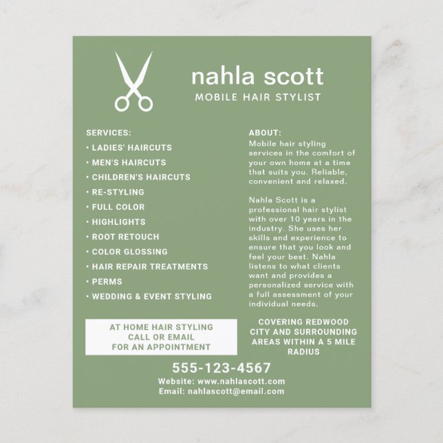 Mobile Hair Stylist Scissors Modern Green Flyer (Front)