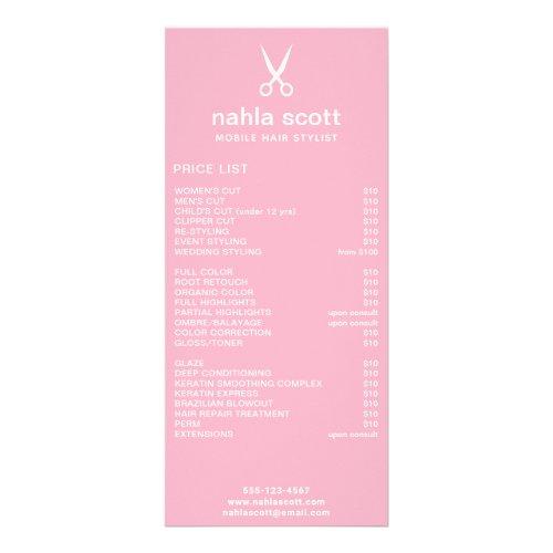 Mobile Hair Stylist Scissors Pink Price List Rack Card