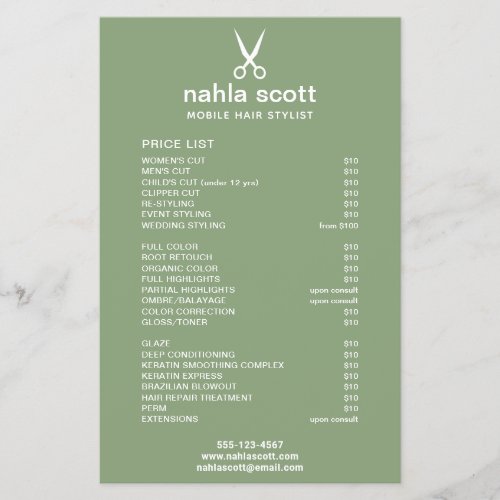 Mobile Hair Stylist Scissors Price List Green Flyer