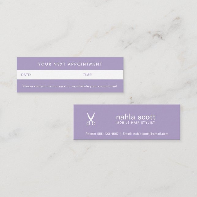 Mobile Hair Stylist Scissors Purple Appointment Mini Business Card (Front/Back)