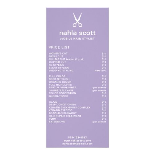 Mobile Hair Stylist Scissors Purple Price List Rack Card
